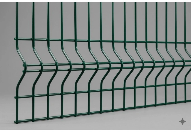 Dettaglio del pannello di recinzione in rete saldata 3D Green powder-coated 3D welded mesh fence panel showing V-bend profile and clean weld points